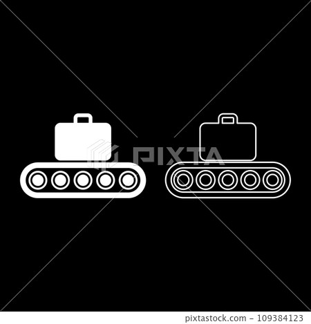 Conveyor belt airport tape baggage passengers luggage suitcase production line automated manufacturing set icon white color vector illustration image solid fill outline contour line thin flat style Conveyor belt airport tape baggage passengers luggage suitcase production line automated manufacturing set icon white color vector illustration image solid fill outline contour line thin flat style 109384123