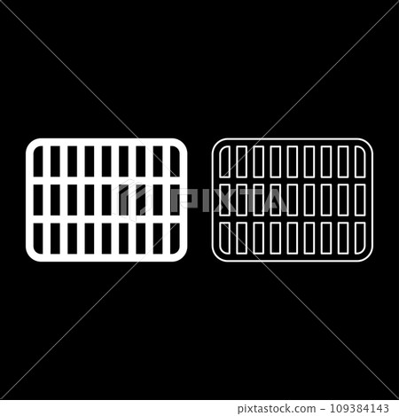 Grating grate lattice trellis net mesh BBQ grill grilling surface rectangle shape roundness set icon white color vector illustration image solid fill outline contour line thin flat style 109384143