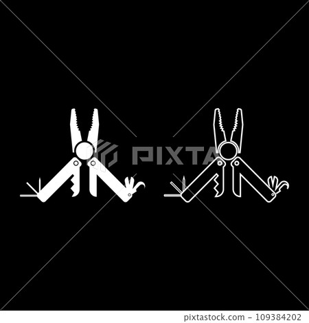 Multitool multifunctional instrument with pliers saw knife razor hexahedron opener awl utility multipurpose tool camping kit pocket set icon white color vector illustration image solid fill outline 109384202