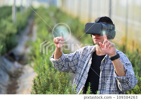 Male farmer with VR headset in rosemary field. Innovative technologies and futuristic agriculture concept Male farmer with VR headset in rosemary field. Innovative technologies and futuristic agriculture concept 109384263