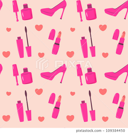 Pinkcore glamour seamless pattern. Pink pattern with female makeup products, shoes and hearts. Pinkcore glamour seamless pattern. Pink pattern with female makeup products, shoes and hearts. 109384450