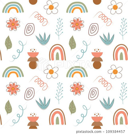 Boho seamless pattern. Cute flowers, rainbows and abstract shapes background. Boho seamless pattern. Cute flowers, rainbows and abstract shapes background. 109384457