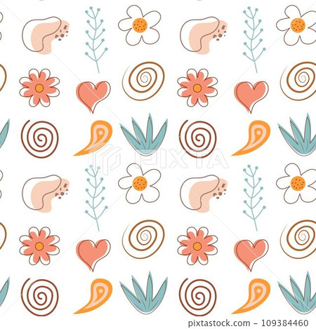 Boho seamless pattern. Cute flowers, heart and abstract shapes background. Boho seamless pattern. Cute flowers, heart and abstract shapes background. 109384460