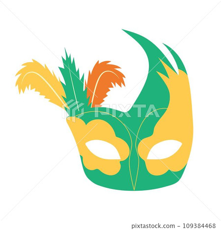 Carnival mask with feathers. Festive element for holiday. Flat cartoon vector illustration isolated on a white background. Carnival mask with feathers. Festive element for holiday. Flat cartoon vector illustration isolated on a white background. 109384468