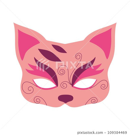 Carnival mask in the form of cat. Festive element for holiday. Flat cartoon vector illustration isolated on a white background. Carnival mask in the form of cat. Festive element for holiday. Flat cartoon vector illustration isolated on a white background. 109384469