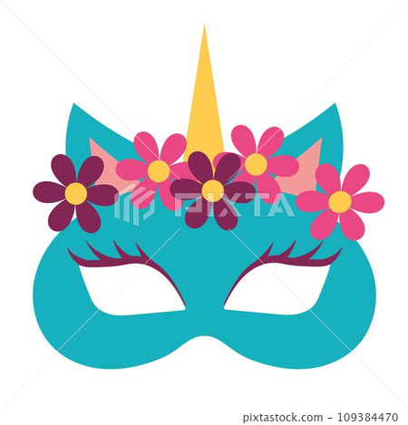 Carnival mask in the form of a unicorn with flowers. Festive element for holiday. Flat cartoon vector illustration isolated on a white background. Carnival mask in the form of a unicorn with flowers. Festive element for holiday. Flat cartoon vector illustration isolated on a white background. 109384470