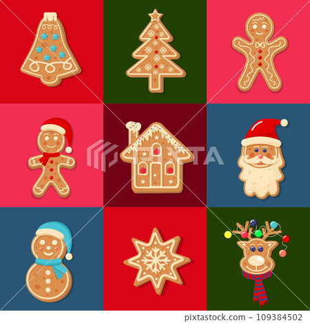 Seamless square pattern with Christmas gingerbread cookies. Geometric checkered print for wrapping paper, background, wallpaper, posters. 109384502