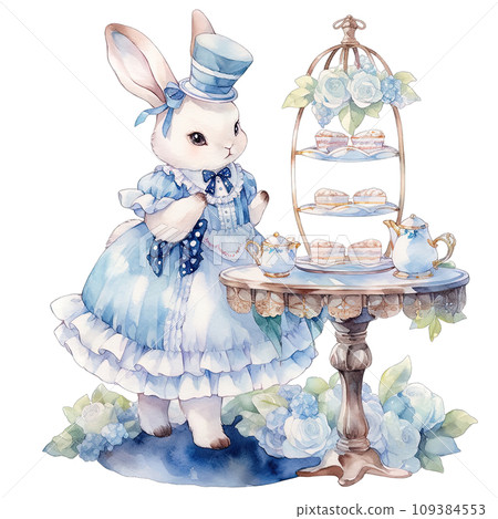 Rabbit wear an elegant blue dress at a spring afternoon tea party 109384553