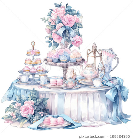 Spring afternoon tea party table Decorated with blue and pink flowers 109384590