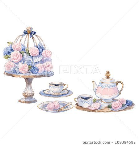 Spring afternoon tea party table Decorated with blue and pink flowers 109384592