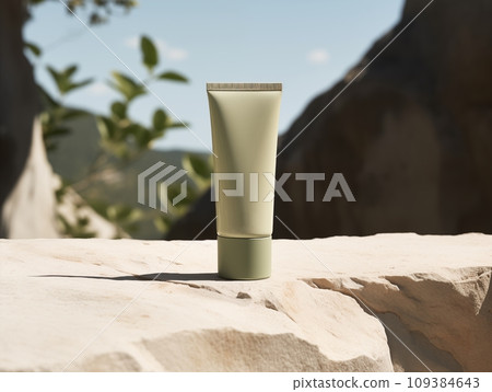 Blank cosmetic tube mockup with stone texture and green leaves, beauty product container design-ready commercial template Blank cosmetic tube mockup with stone texture and green leaves, beauty product container design-ready commercial template 109384643