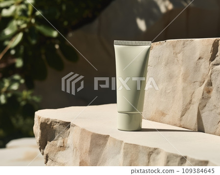 Blank cosmetic tube mockup with stone texture and green leaves, beauty product container design-ready commercial template 109384645