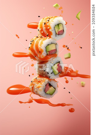 The concept of flying sushi. Flying food and motion concept. 109384684
