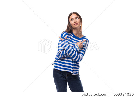portrait of a cheerful active young slender caucasian woman with straight dark hair on a white 109384830