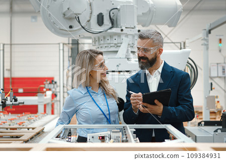 Female engineer and male production manager standing in modern industrial factory, talking about production. Manufacturing facility with robotics and automation. 109384931