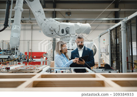 Female engineer and male project manager standing in modern industrial factory, talking about production of wooden furniture. Big furniture manufacturing facility with robotics and automation. 109384933