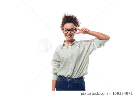 young pretty brunette woman with poor eyesight wears glasses young pretty brunette woman with poor eyesight wears glasses 109384971
