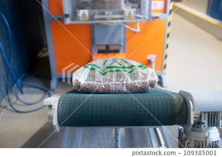 Wood pellet production machine in factory, pellet manufacturing in wood pellet line. Reusing wooden industrial waste. Wood pellet production machine in factory, pellet manufacturing in wood pellet line. Reusing wooden industrial waste. 109385001