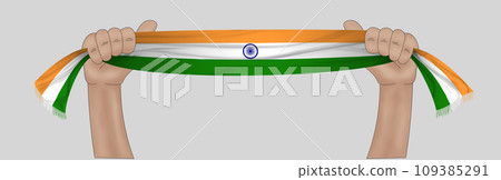 3D Flag on ribbon in hand 3D Flag on ribbon in hand 109385291