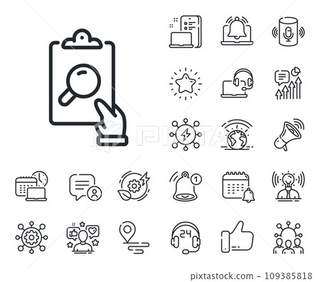 Clipboard research sign. Place location, technology and smart speaker outline icons. Inspect line icon. Verification file symbol. Inspect line sign. Influencer, brand ambassador icon. Vector Clipboard research sign. Place location, technology and smart speaker outline icons. Inspect line icon. Verification file symbol. Inspect line sign. Influencer, brand ambassador icon. Vector 109385818