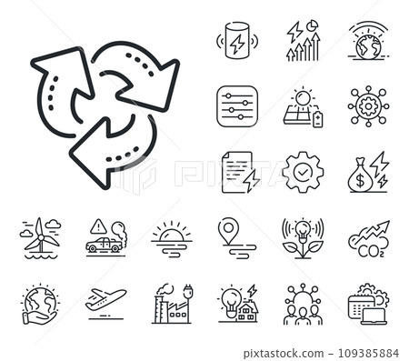 Recycling waste symbol. Energy, Co2 exhaust and solar panel outline icons. Recycle arrow line icon. Reduce and Reuse sign. Recycle line sign. Eco electric or wind power icon. Green planet. Vector Recycling waste symbol. Energy, Co2 exhaust and solar panel outline icons. Recycle arrow line icon. Reduce and Reuse sign. Recycle line sign. Eco electric or wind power icon. Green planet. Vector 109385884