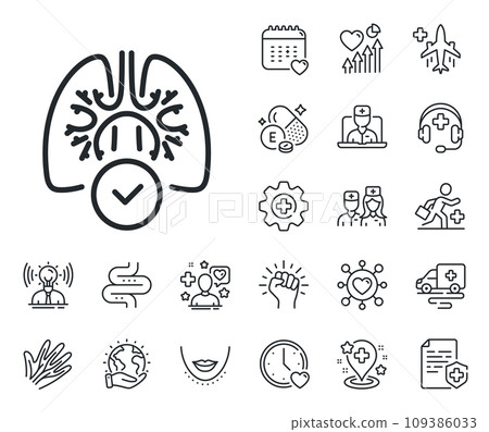 Pneumonia disease sign. Online doctor, patient and medicine outline icons. Lungs line icon. Respiratory distress symbol. Lungs line sign. Veins, nerves and cosmetic procedure icon. Intestine. Vector 109386033