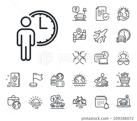 Service time sign. Plane jet, travel map and baggage claim outline icons. Person waiting line icon. Clock symbol. Waiting line sign. Car rental, taxi transport icon. Place location. Vector 109386072
