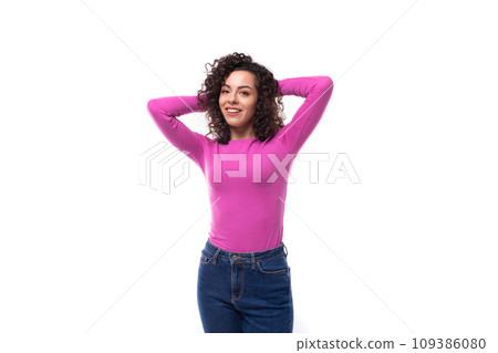 young caucasian woman with curly black hair on white background young caucasian woman with curly black hair on white background 109386080