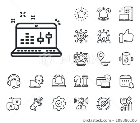 DJ controller sign. Place location, technology and smart speaker outline icons. Sound check line icon. Musical app on laptop symbol. Sound check line sign. Influencer, brand ambassador icon. Vector DJ controller sign. Place location, technology and smart speaker outline icons. Sound check line icon. Musical app on laptop symbol. Sound check line sign. Influencer, brand ambassador icon. Vector 109386100