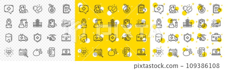 Hospital assistance, Ambulance, Health food diet, Laboratory tubes icons. Medical rx line icons. First aid kit, Medical doctor, Prescription Rx recipe. Drop counter, Ambulance emergency car. Vector 109386108