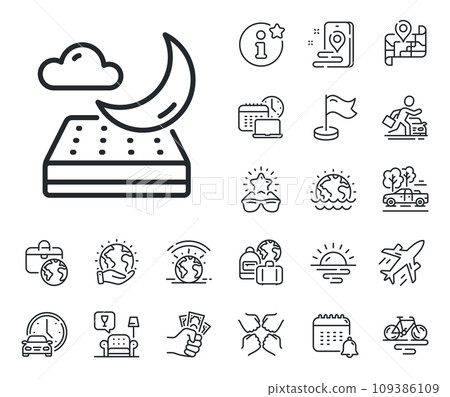 Orthopedic sleeping pad sign. Plane jet, travel map and baggage claim outline icons. Night mattress line icon. Breathable sleep bed symbol. Night mattress line sign. Vector Orthopedic sleeping pad sign. Plane jet, travel map and baggage claim outline icons. Night mattress line icon. Breathable sleep bed symbol. Night mattress line sign. Vector 109386109