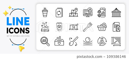 Update document, 5g notebook and Like video line icons set for app include Elastic material, Payment, Augmented reality outline thin icon. Data analysis, Delete purchase. Vector 109386146
