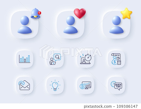 Receive mail, Light bulb and Accounting line icons. Placeholder with 3d bell, star, heart. Pack of Bitcoin chart, Inspect, Timer icon. Column chart, Quick tips pictogram. For web app, printing. Vector 109386147