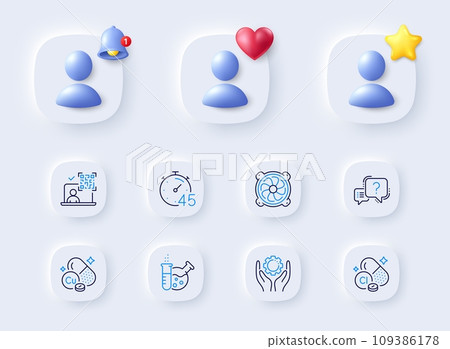 Copper mineral, Qr code and Computer fan line icons. Placeholder with 3d bell, star, heart. Pack of Employee hand, Chlorine mineral, Timer icon. Chemistry lab, Question mark pictogram. Vector 109386178
