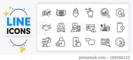 Touchscreen gesture, Handshake and Heart flame line icons set for app include Phishing, Puzzle time, Seo analysis outline thin icon. Grill time, Bitcoin mining, Speech bubble pictogram icon. Vector 109386233