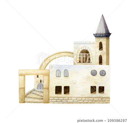Ancient Israel Jerusalem old city houses or antique Arabic country watercolor illustration isolated on white. Oriental scene with vintage tower, stairs and arch. Romanian Europe ancient architecture 109386287