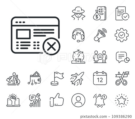 No internet sign. Salaryman, gender equality and alert bell outline icons. Reject web page line icon. Delete browser. Reject web line sign. Spy or profile placeholder icon. Vector No internet sign. Salaryman, gender equality and alert bell outline icons. Reject web page line icon. Delete browser. Reject web line sign. Spy or profile placeholder icon. Vector 109386290