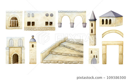 Ancient Middle East houses watercolor illustration set isolated on white. Hand drawn traditional Arabic stone architecture. Islamic town with stairs and towers. Mediterranean or Romanian culture Ancient Middle East houses watercolor illustration set isolated on white. Hand drawn traditional Arabic stone architecture. Islamic town with stairs and towers. Mediterranean or Romanian culture 109386300