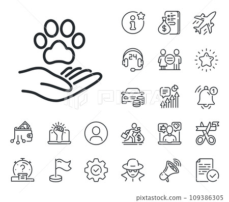 Veterinary clinic sign. Salaryman, gender equality and alert bell outline icons. Pets care line icon. Dog health symbol. Pets care line sign. Spy or profile placeholder icon. Vector 109386305