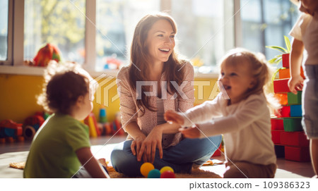 Kids with Female Tutor in Kindergarden Kids with Female Tutor in Kindergarden 109386323