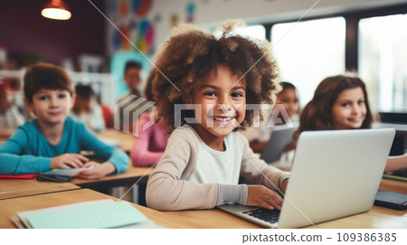 African Curly Girl Using Laptop for Studying African Curly Girl Using Laptop for Studying 109386385