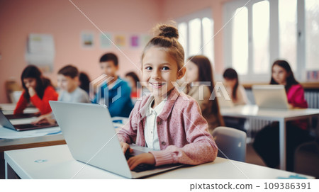 Student Girl Using Laptop During School Hours 109386391
