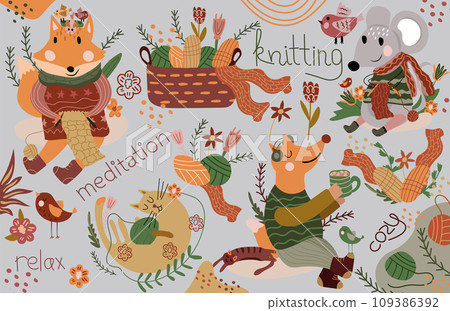 Cute forest animals in scarf and knitted sweaters are knitting and drinking tea, basket with threads. Cute mouse, fox, lazy cat, etc. Suitable for various creative projects. Vector. 109386392