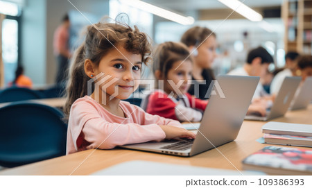 Girl in School Setting Working on Laptop 109386393