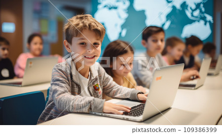 Young Student Boy Using Laptop at School Young Student Boy Using Laptop at School 109386399