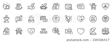 Icons pack as Photo camera, Be sweet and Smile face line icons for app include Father day, Balloon dart, Balloons outline thin icon web set. Sale bags, Bus travel, Surprise gift pictogram. Vector Icons pack as Photo camera, Be sweet and Smile face line icons for app include Father day, Balloon dart, Balloons outline thin icon web set. Sale bags, Bus travel, Surprise gift pictogram. Vector 109386417