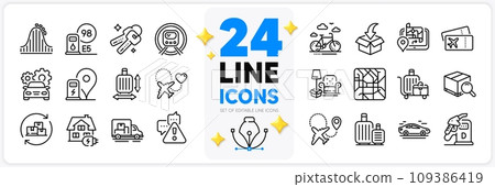 Icons set of Airplane, Baggage cart and Warning line icons pack for app with Bike rental, Gps, Roller coaster thin outline icon. Baggage size, Diesel station, Delivery change pictogram. Vector Icons set of Airplane, Baggage cart and Warning line icons pack for app with Bike rental, Gps, Roller coaster thin outline icon. Baggage size, Diesel station, Delivery change pictogram. Vector 109386419