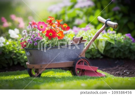 Wheelbarrow with flowers and gardening equipment Wheelbarrow with flowers and gardening equipment 109386456
