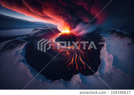 Aerial view of the Active Volcano with Lava 109386617
