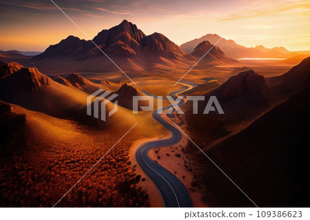 Serpentine Road Among Green Hills at sunrise. Beautiful landscape. Serpentine Road Among Green Hills at sunrise. Beautiful landscape. 109386623